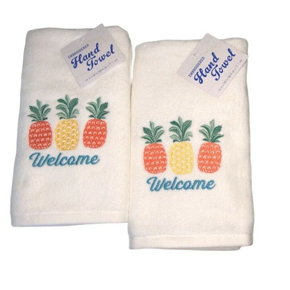 Welcome Pineapple Hand Towels Embroidered Bath Summer Beach House Set of 2